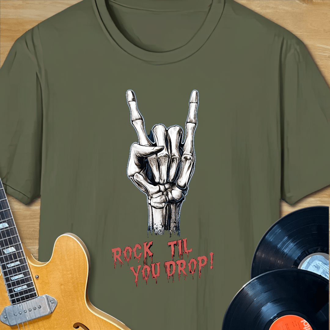 Rock Til You Drop Skeleton Hand T-Shirt