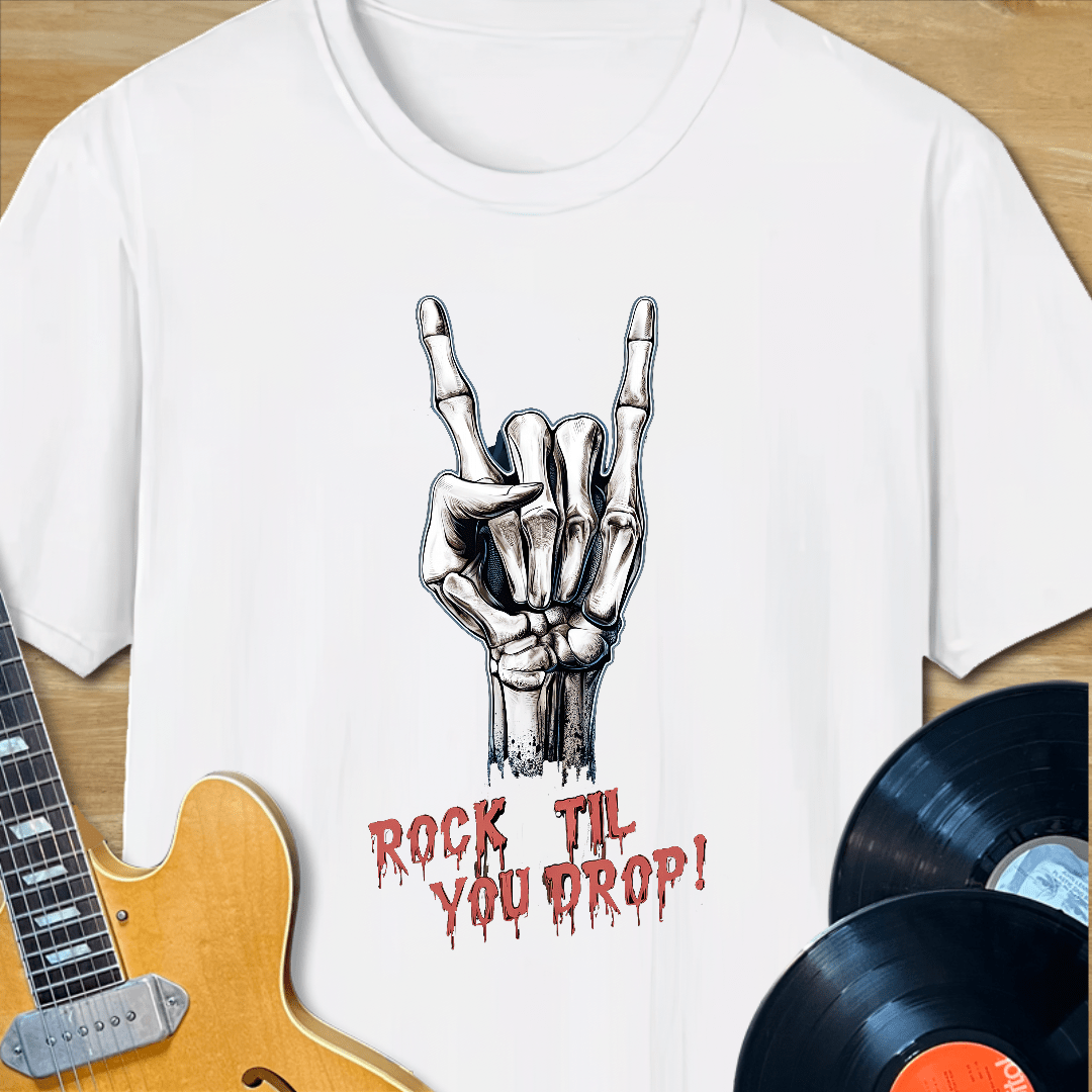 Rock Til You Drop Skeleton Hand T-Shirt