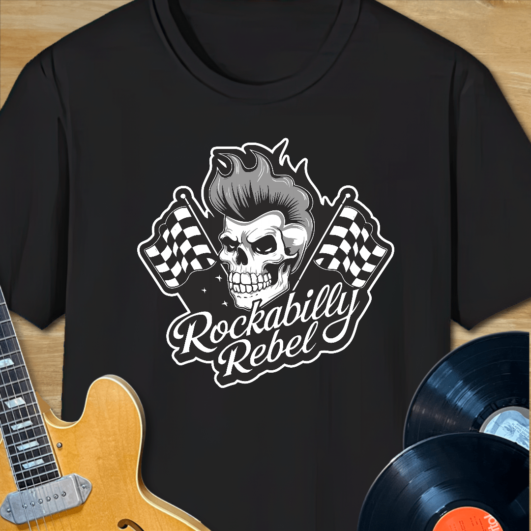 Rockabilly Rebel Skull & Checkered Flags T-Shirt