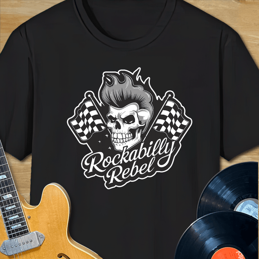 Rockabilly Rebel Skull & Checkered Flags T-Shirt