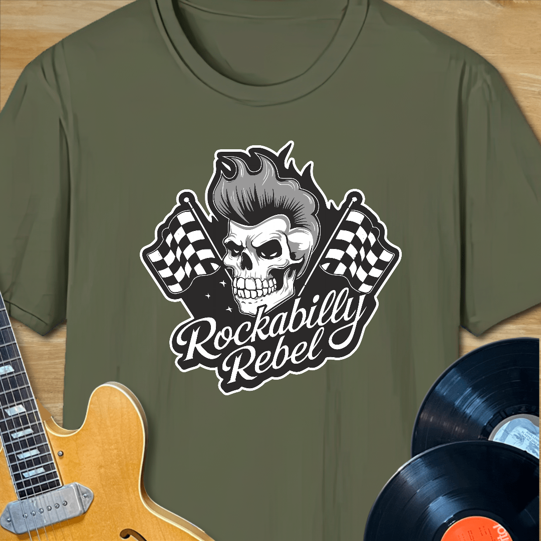 Rockabilly Rebel Skull & Checkered Flags T-Shirt