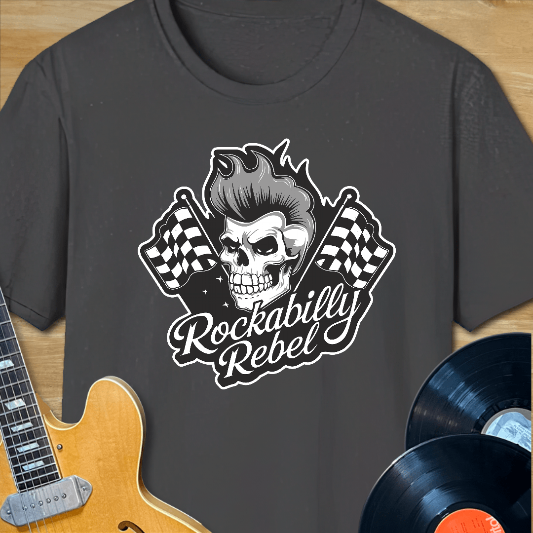 Rockabilly Rebel Skull & Checkered Flags T-Shirt