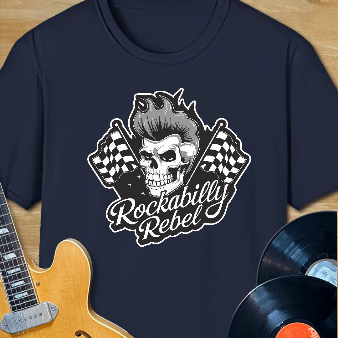 Rockabilly Rebel Skull & Checkered Flags T-Shirt