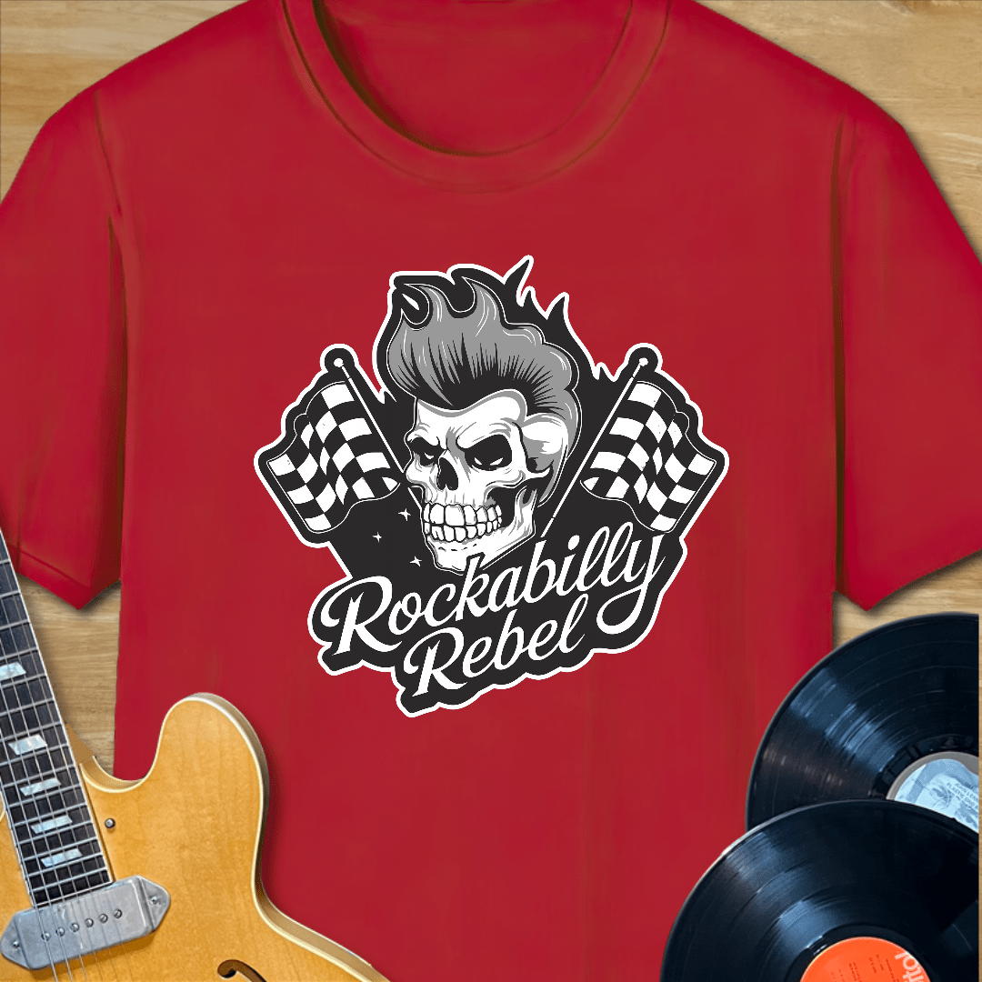 Rockabilly Rebel Skull & Checkered Flags T-Shirt