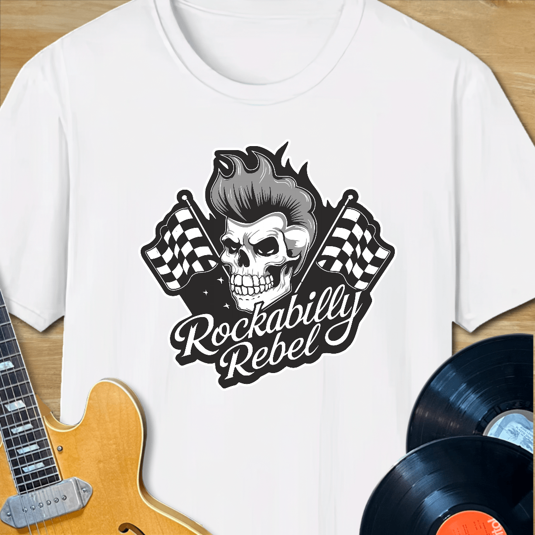 Rockabilly Rebel Skull & Checkered Flags T-Shirt